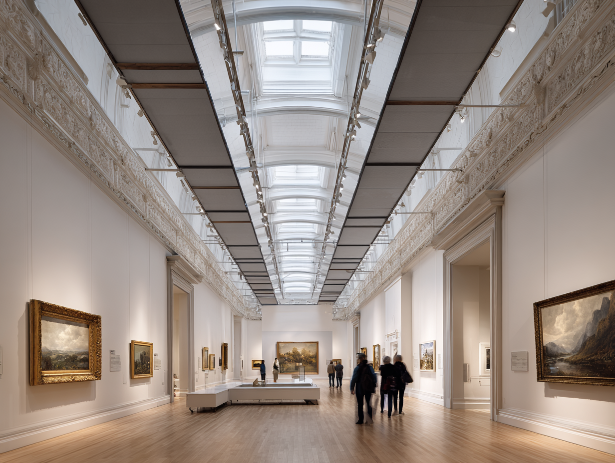 Art museum gallery with acoustic ceiling baffles installed, visitors viewing paintings